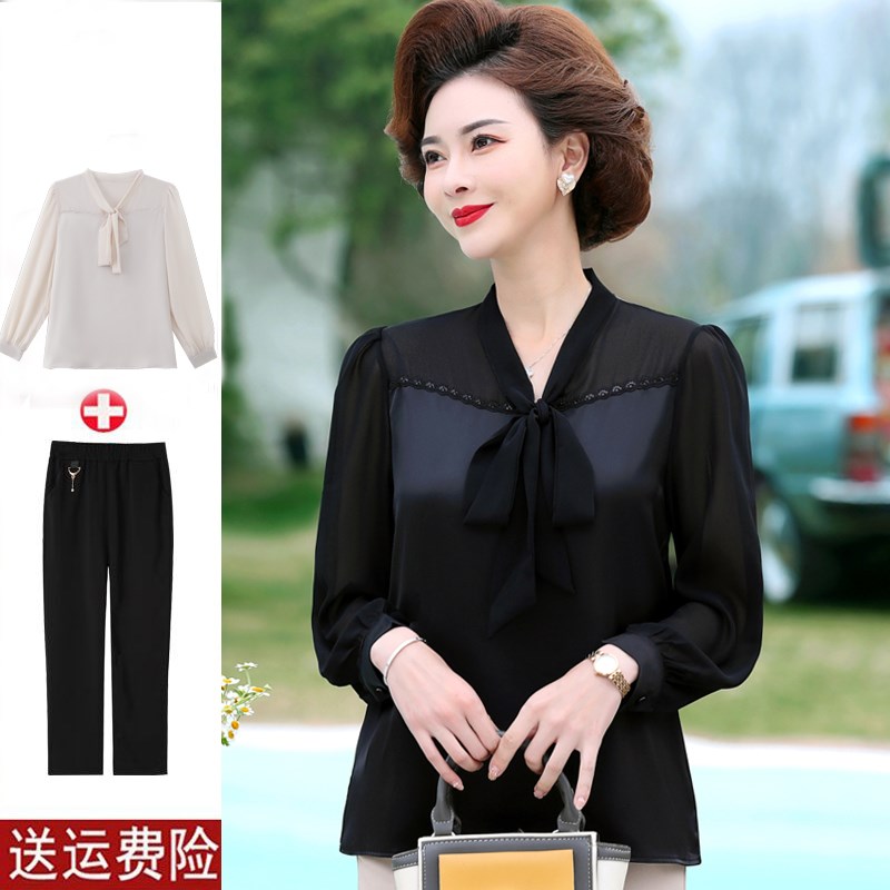 中年妈妈c春装长袖t恤女中老年春夏女士洋气小衫套装雪纺纱袖上衣