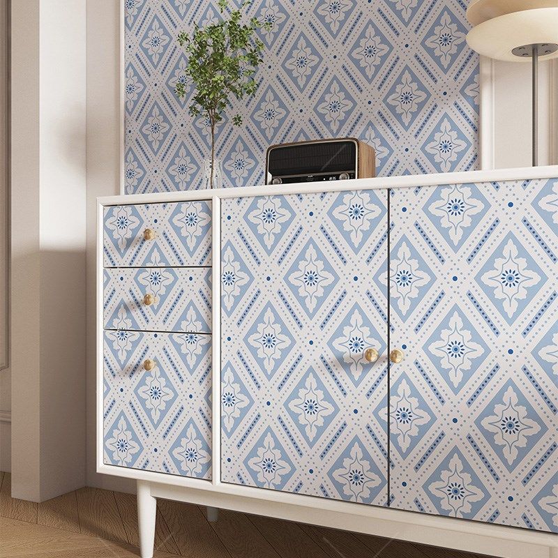 复古蓝白菱格装饰房间柜子贴纸民宿布置翻新家具贴遮丑自粘墙纸,家居饰品,软装墙贴,淘宝优惠券,粉丝福利购,淘宝优惠卷