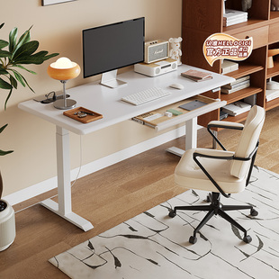 LINAK力纳克 白色实木电动升降桌带抽屉家用电脑桌办公桌智能书桌