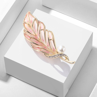 蓝豪韩版时尚镂空滴油透明粉色珍珠叶子水钻合金胸针配件brooch