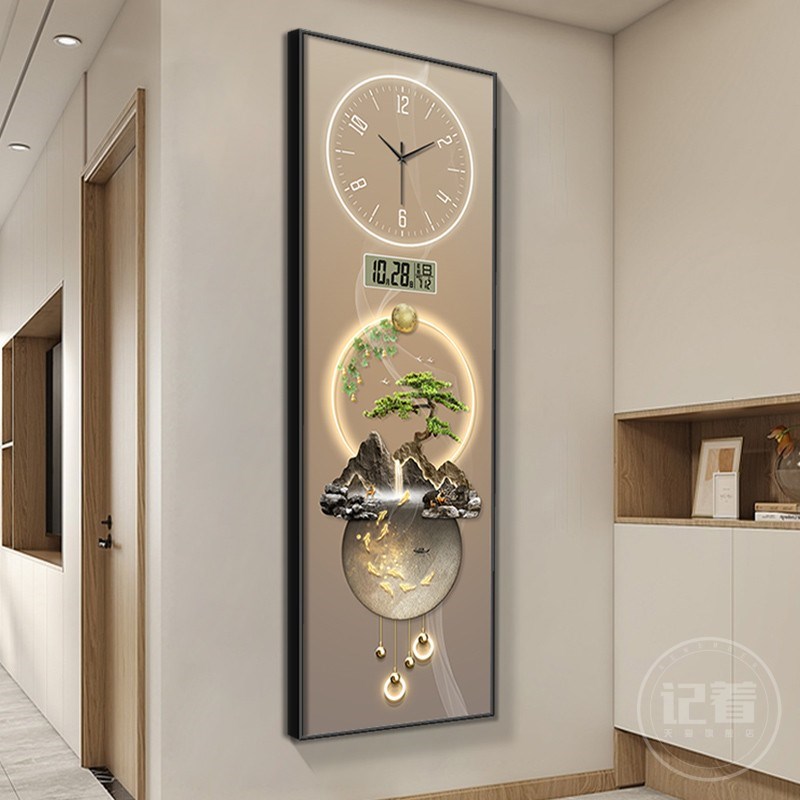 迎客松九鱼万年历l电子钟表挂钟客厅带灯玄关装饰画过道挂墙时钟