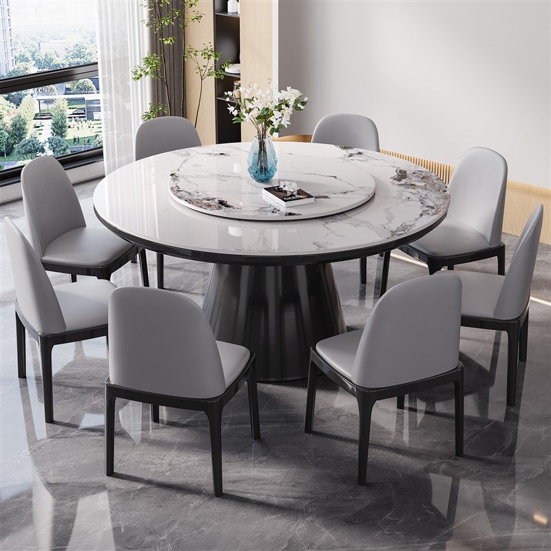 实木岩板圆桌现代简约家用吃饭桌子带G转盘轻奢圆形餐桌十人大圆