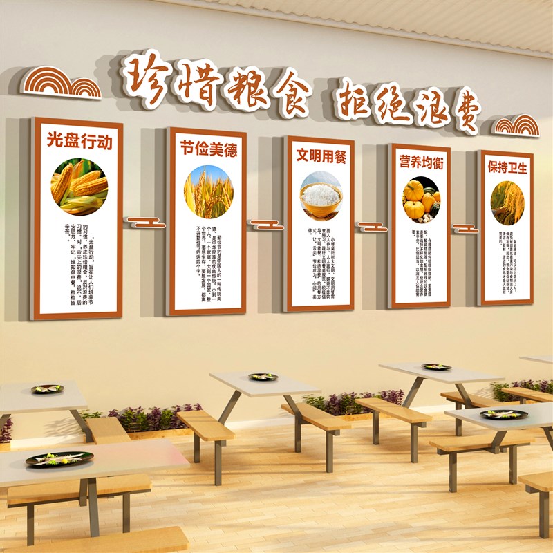 食堂文化设d计墙面装饰珍惜节约粮贴纸画员职工餐饮厅宣传标语布