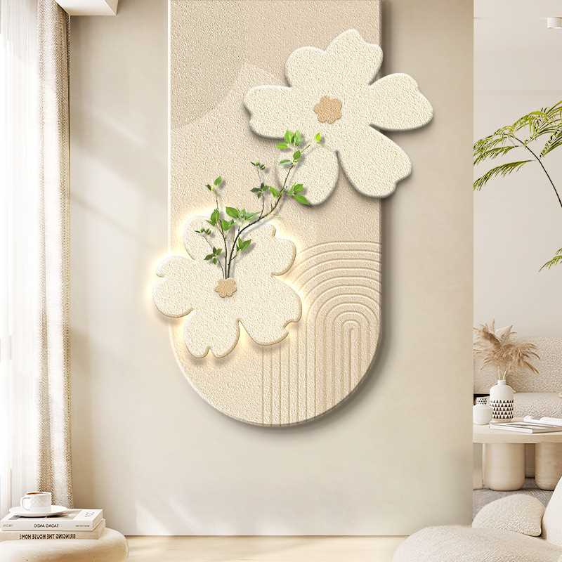 奶油风玄关装饰画立体花卉客厅走廊过道挂画法式砂岩入户发光壁画图片