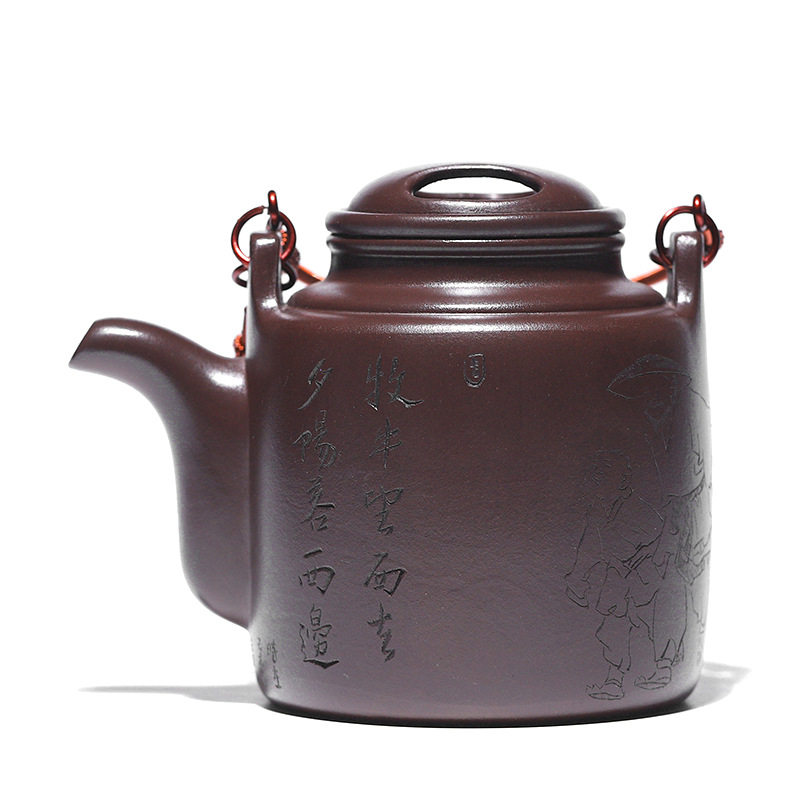 宜兴原矿百目紫泥全手工刻绘紫砂壶 牛盖洋桶提梁茶壶大容量茶具