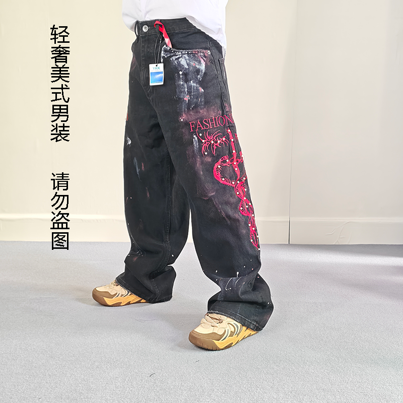 日本冈山巴黎潮牌钉珠刺绣牛仔裤