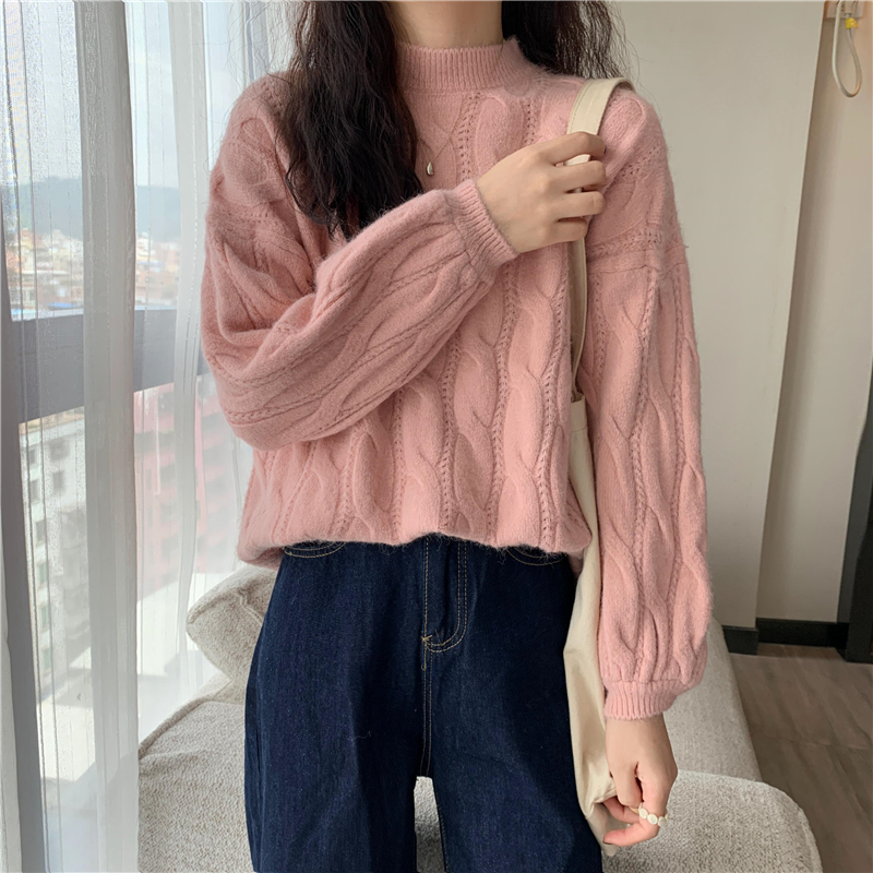 现货白色麻花套头毛衣女秋冬宽松慵懒风加厚奶fufu的软糯半高领针