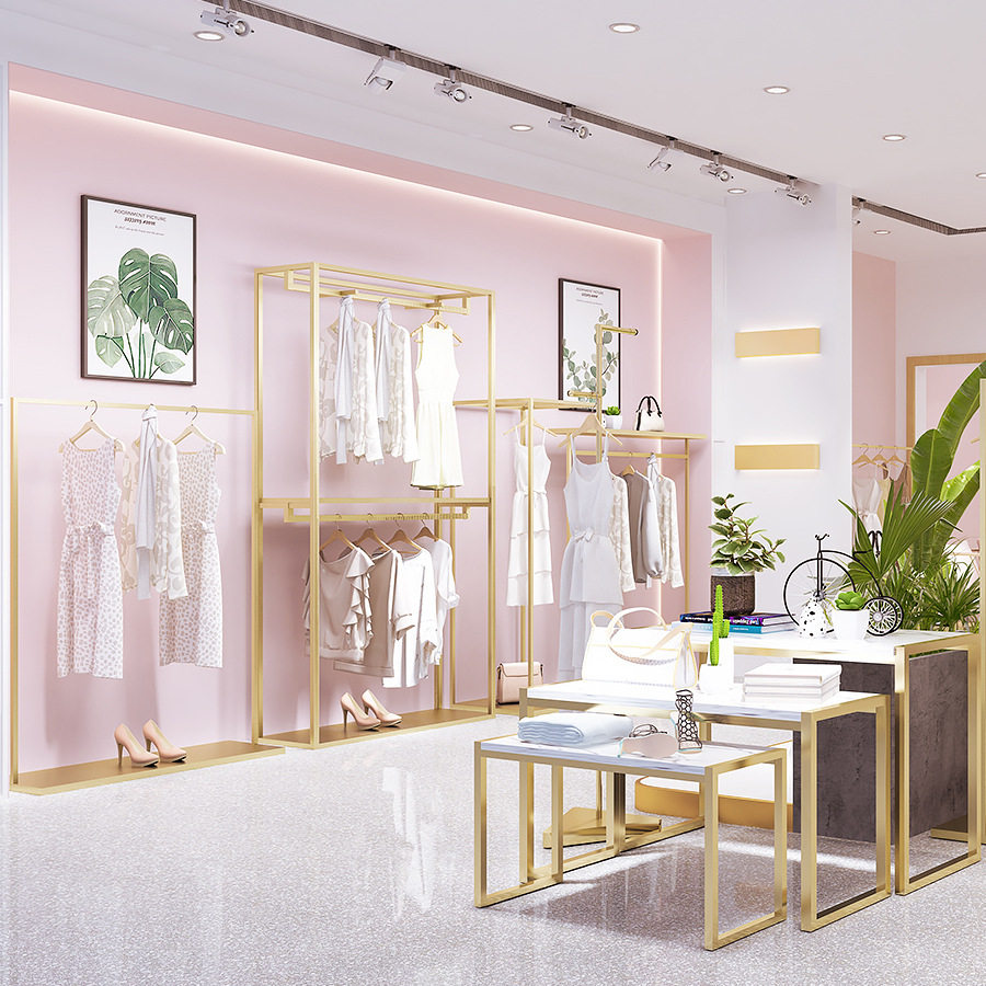 服装店展示架落地式女装店专用陈列货架衣服架子金色挂衣架双层架图片