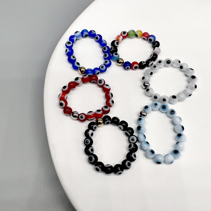 跨境复古蓝眼睛恶魔之眼戒指弹力松紧指环 琉璃串珠饰品厂家直销