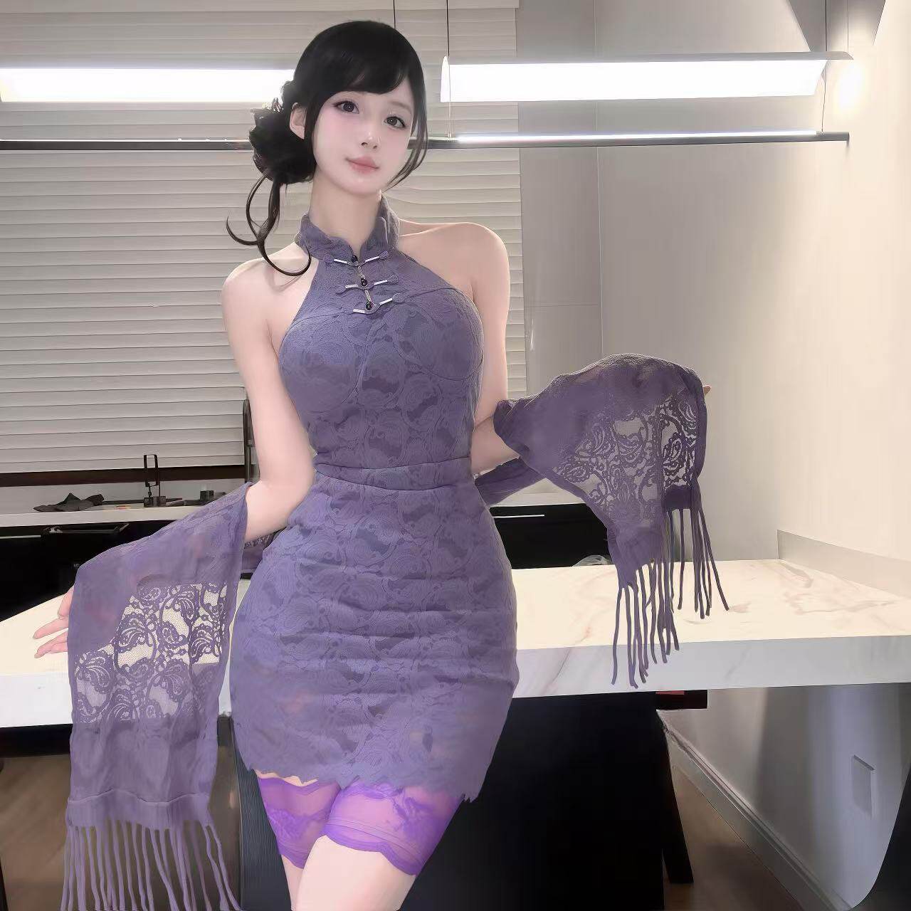中式旗袍收腰性感蕾丝挂脖连衣裙纯欲风紫色情调气质露肩披肩套装