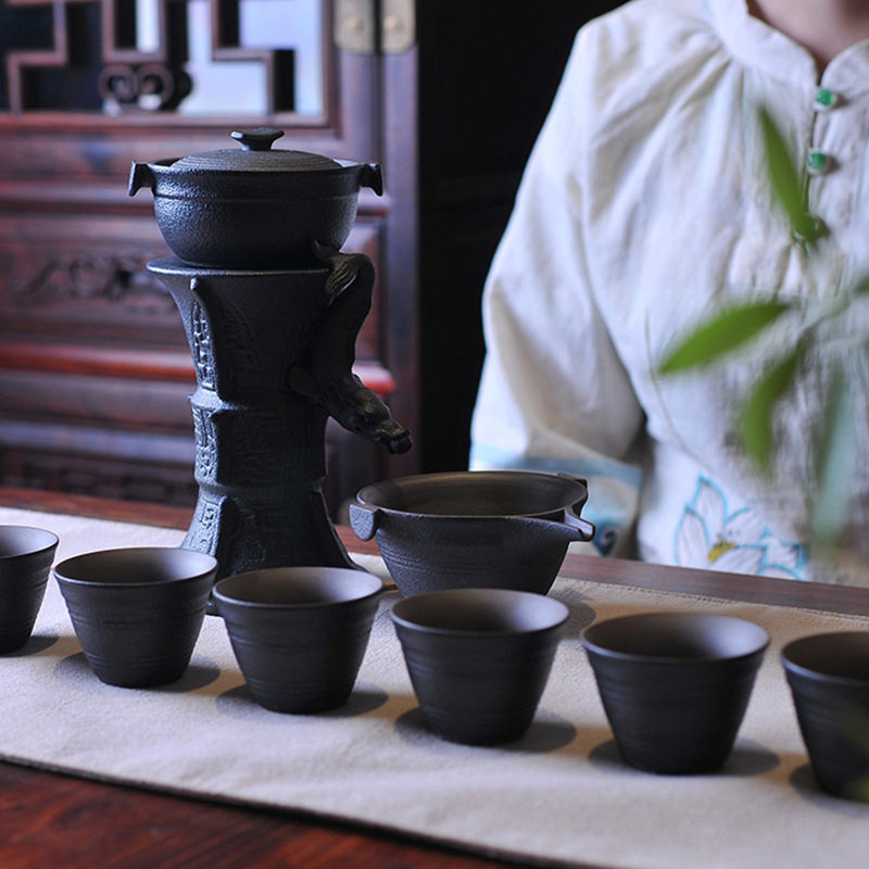 中国龙复古风懒人半全自动茶具陶瓷黑色会客泡茶套装茶壶杯龙纹