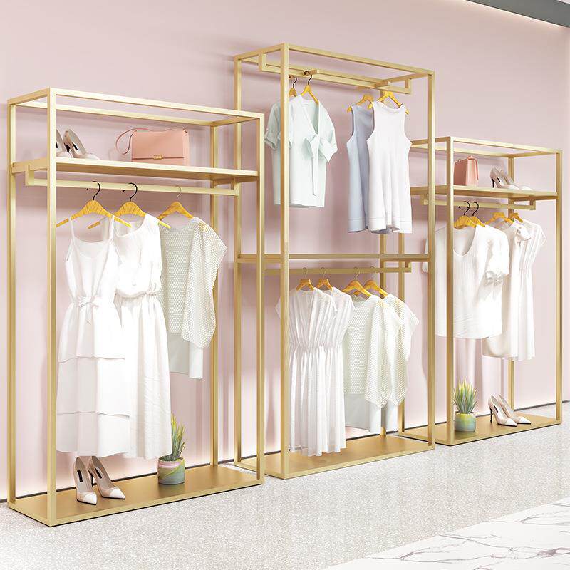 服装店展示架落地式双层铁艺高架男女装店金色挂衣架中岛陈列货架