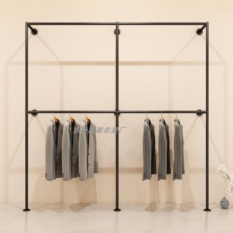 服装店展示架上墙双层挂衣服架子婚纱店西服裤子黑色加粗陈列货架