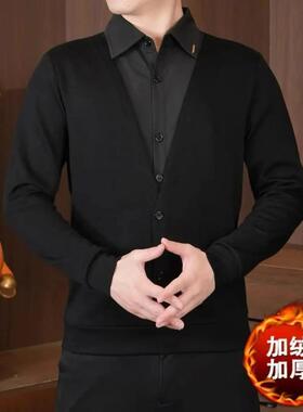 上海无界休闲专营男款秋冬高品y质翻领休z闲百搭欧货假两件上衣卫