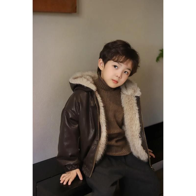 尚喜童装优选男童U连Y帽r休闲风冬季外套款皮衣夹克韩版毛领冬装