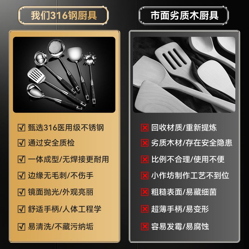 316不锈钢木柄锅铲汤勺炒菜漏勺铁铲子家用炒勺不粘锅厨具铲套装
