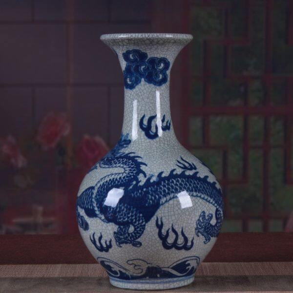景德镇陶瓷器 仿古官窑青花龙纹花摆设 裂纹釉复古家居客厅摆件