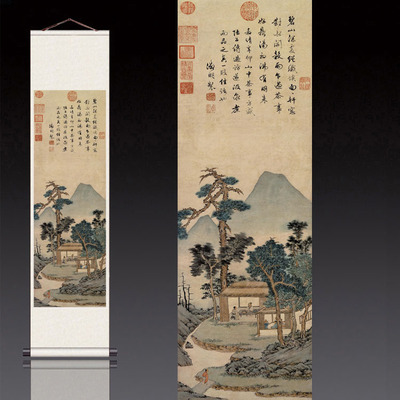 新中式书画卷轴字画仿古山水画挂轴古画茶楼装饰壁画品茶图听琴图