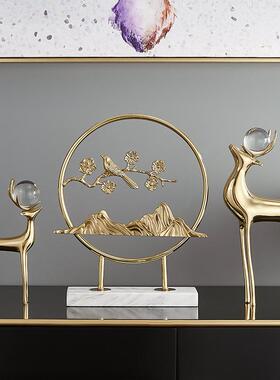 新中式铜鹿屏风摆件入户玄关招财家居乔迁礼物精致饰品天然大理石