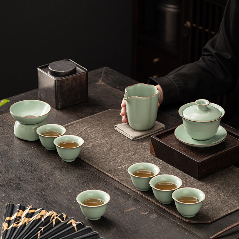 汝窑功夫茶具套装简约家用盖碗茶壶茶杯客厅会客整套礼盒装