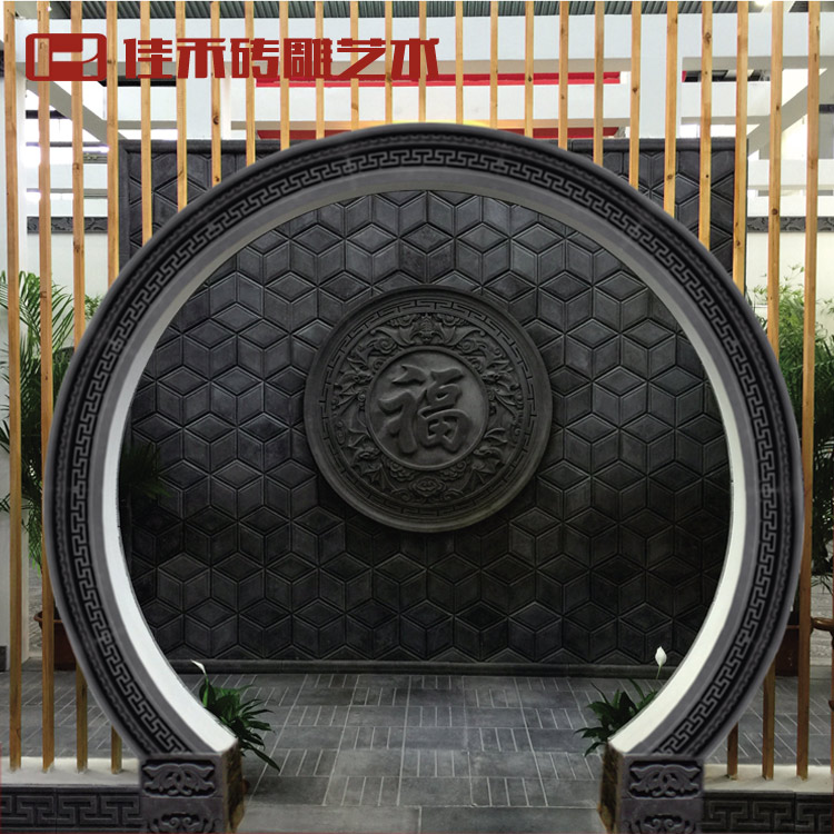 中式仿古砖雕线条月亮门拱门框装饰青砖弧形门套回纹线条月洞门边