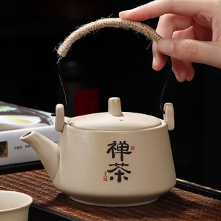 家用简约一壶四杯陶瓷功夫茶杯茶壶礼盒中式 粗陶茶具小套装 提梁壶