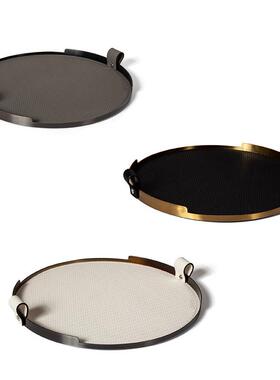 休闲，轻，豪华的圆形编织高档皮革收纳托盘模型房软装餐厅桌面收