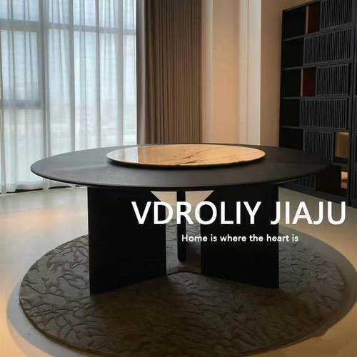 北欧实木圆桌现代简约家用圆形餐桌意式岩板转盘圆餐桌大理石轻奢