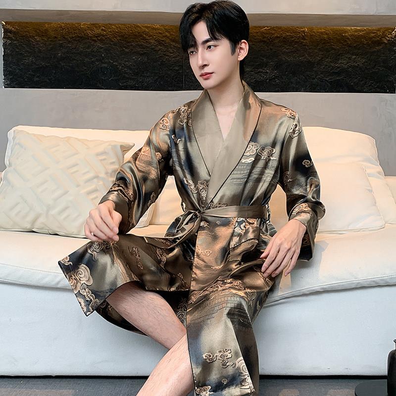 2026新款中国风春秋款冰丝睡衣男士长袖薄款丝绸睡袍浴袍大尺码夏