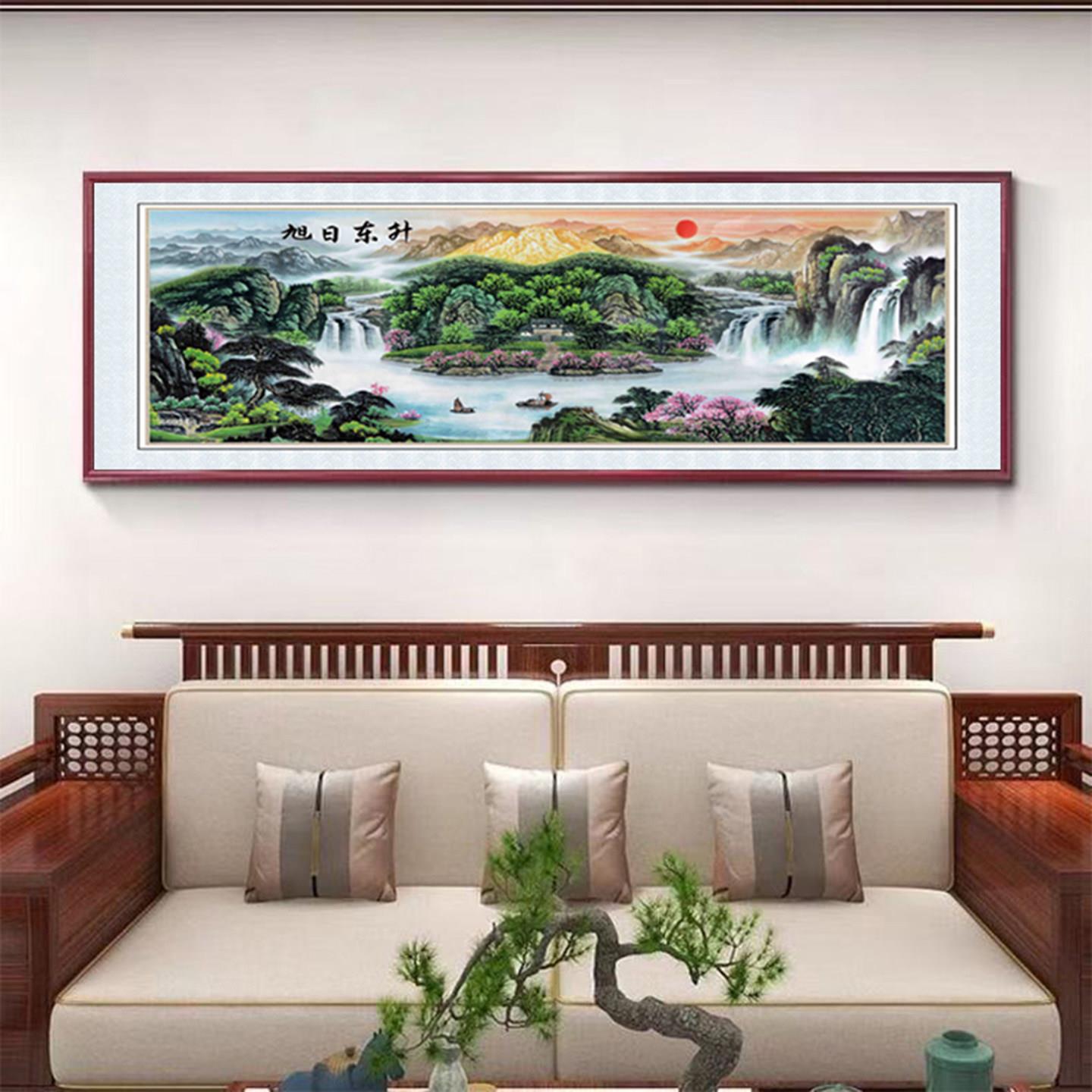浮雕描金旭日东升横幅客厅沙发办公室背景墙画红胡桃木纹框铝合金
