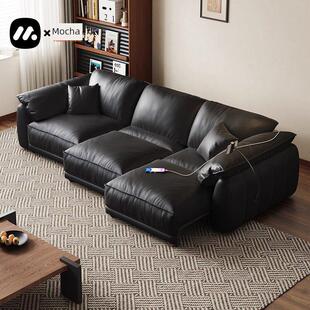 MOKA House真皮电动沙发床覆古风客厅多功能伸缩头层牛皮黑色沙发