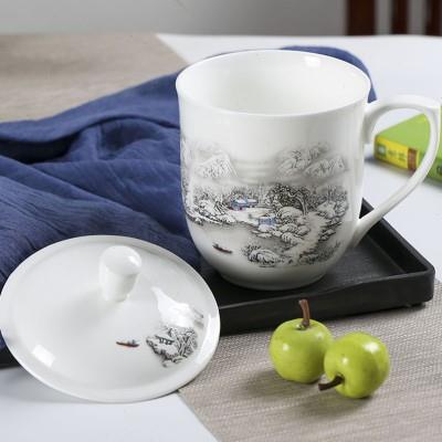 陶瓷茶杯带盖家用大容量办公室水杯景德镇青花瓷杯子定制骨瓷茶杯