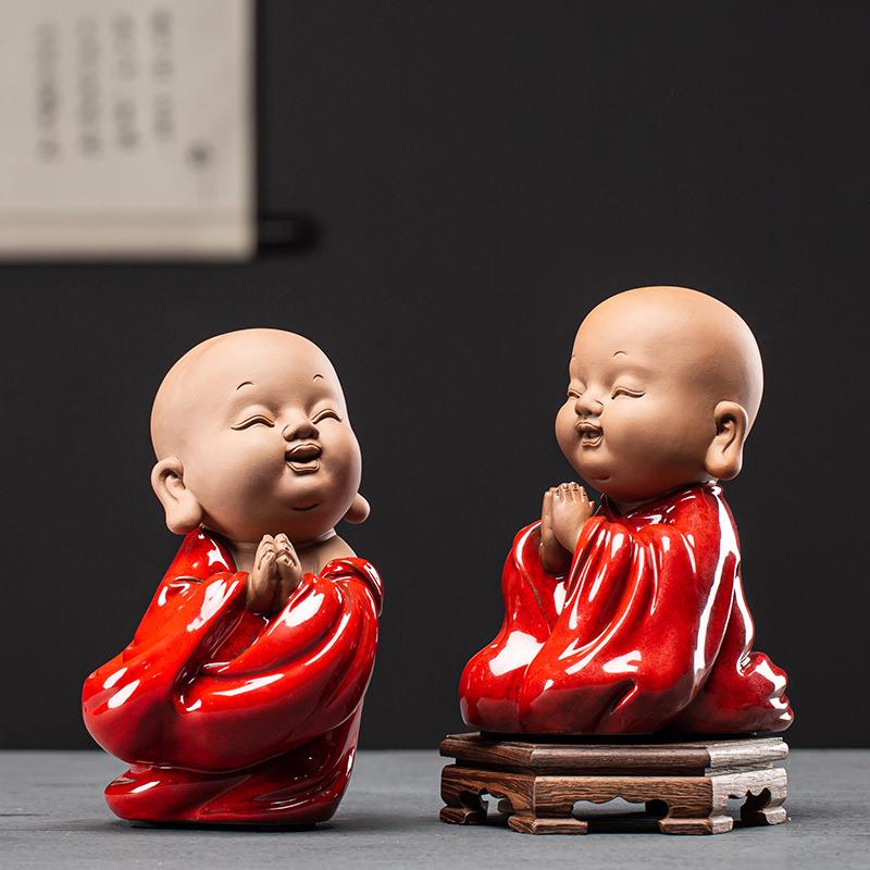 紫砂小和尚茶宠摆件中式禅意茶室空间摆设公仔玄关工艺装饰品