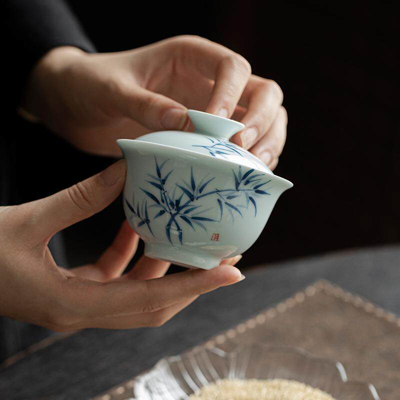 弥言釉下彩纯手绘竹子盖碗手工陶瓷泡茶碗茶杯日式家用不烫手功夫