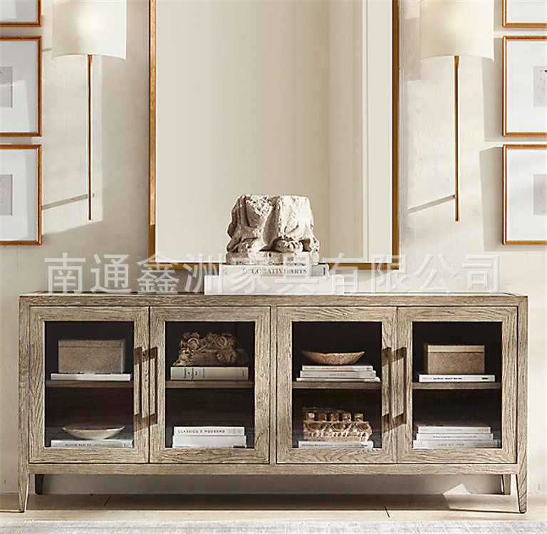 美式实木餐边柜法式乡村酒柜民宿四门碗柜收纳柜简约餐厅茶水柜