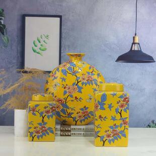 新中式陶瓷橘红色黄色陶瓷花瓶鲜花水培餐桌装饰品客厅摆件储物罐