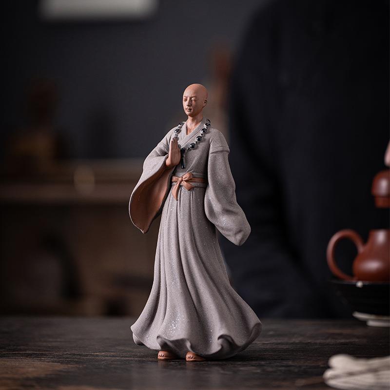 中式大号禅意小和尚紫砂工艺品摆件茶室博古架装饰品茶道文化配件