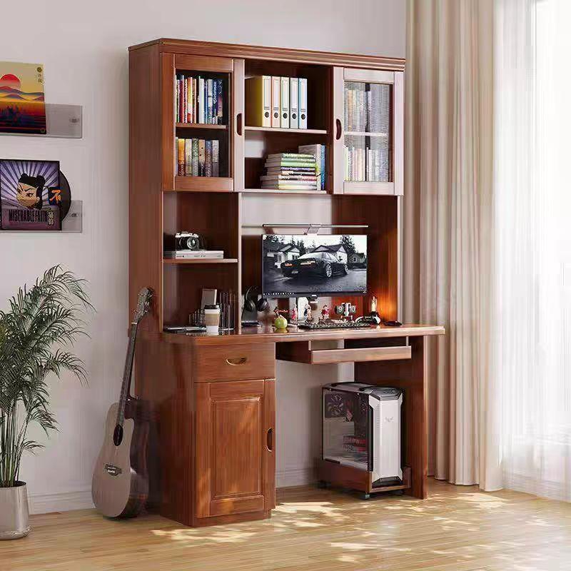 中式实木书桌书架组合家用写字桌卧室书柜书桌一体转角电脑台式桌