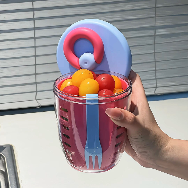 双层外带水果杯早餐沙拉杯带叉子便携式沥水野餐盒密封沙拉水果杯
