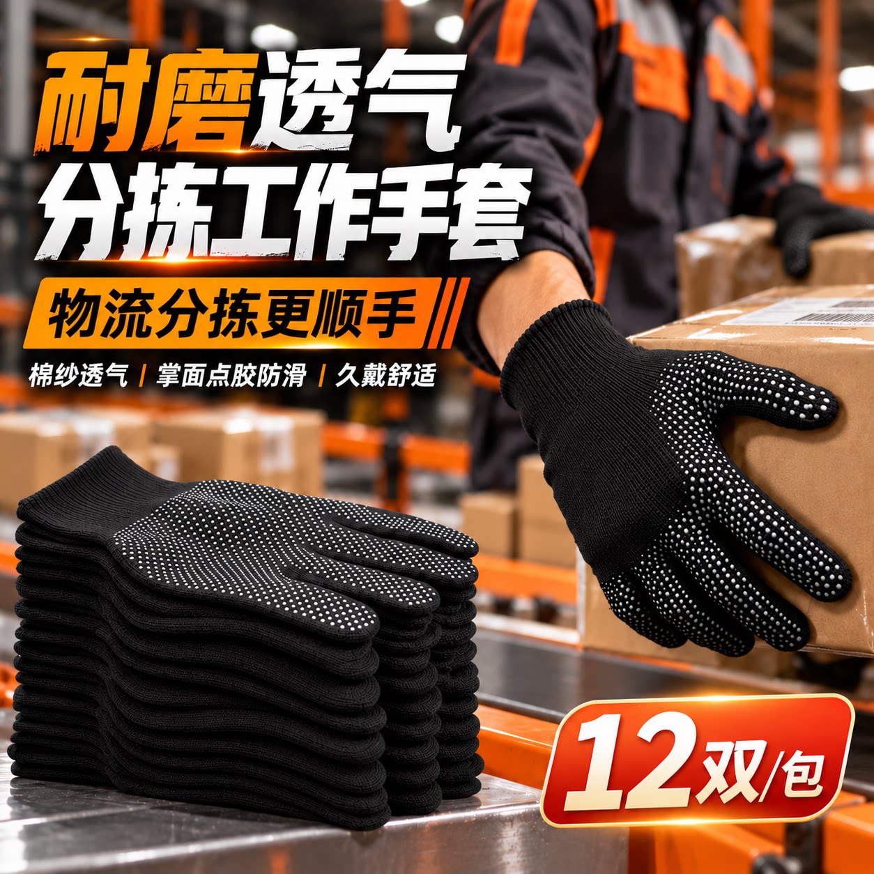 物流分拣工作手套耐磨防滑透气黑色棉纱PVC点胶快递仓库劳保款