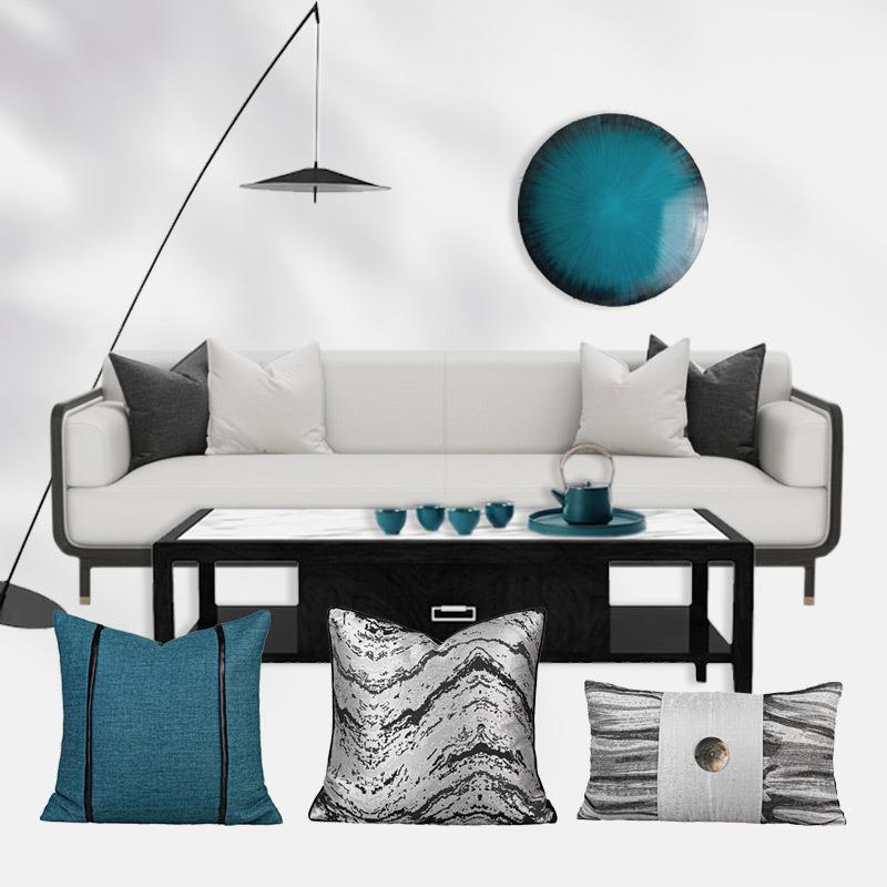 新中式客厅沙发抱枕组合湖蓝色灰色轻奢风酒店样板房软装靠枕腰枕