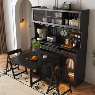 法式复古实木折叠餐桌餐边柜一体小户型客厅靠墙酒柜多功能储物柜