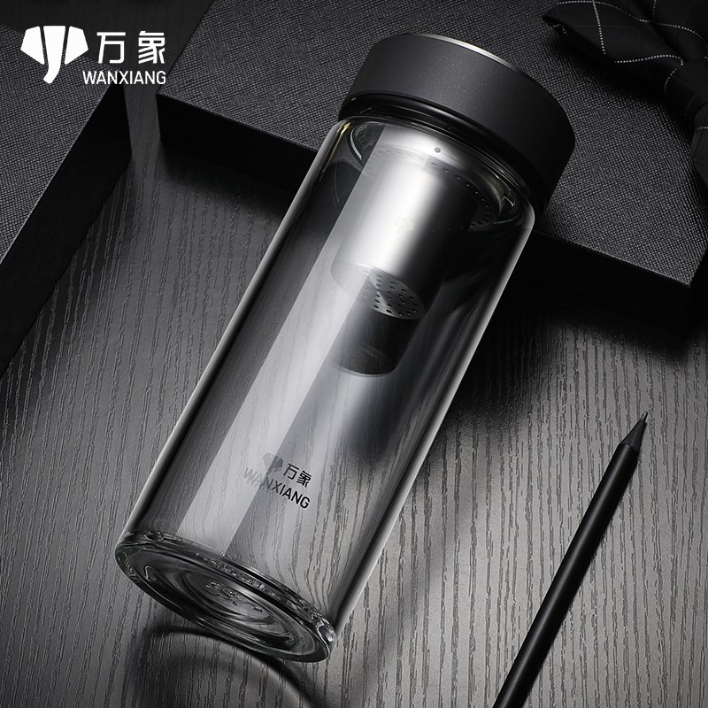 万象新款玻璃杯男士女士加厚单层大容量车载便携水杯带过滤网水杯