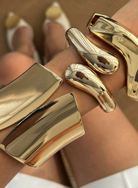 欧美跨境设计感不规则金属宽手镯Bracelet夸张朋克光面弹簧手环女