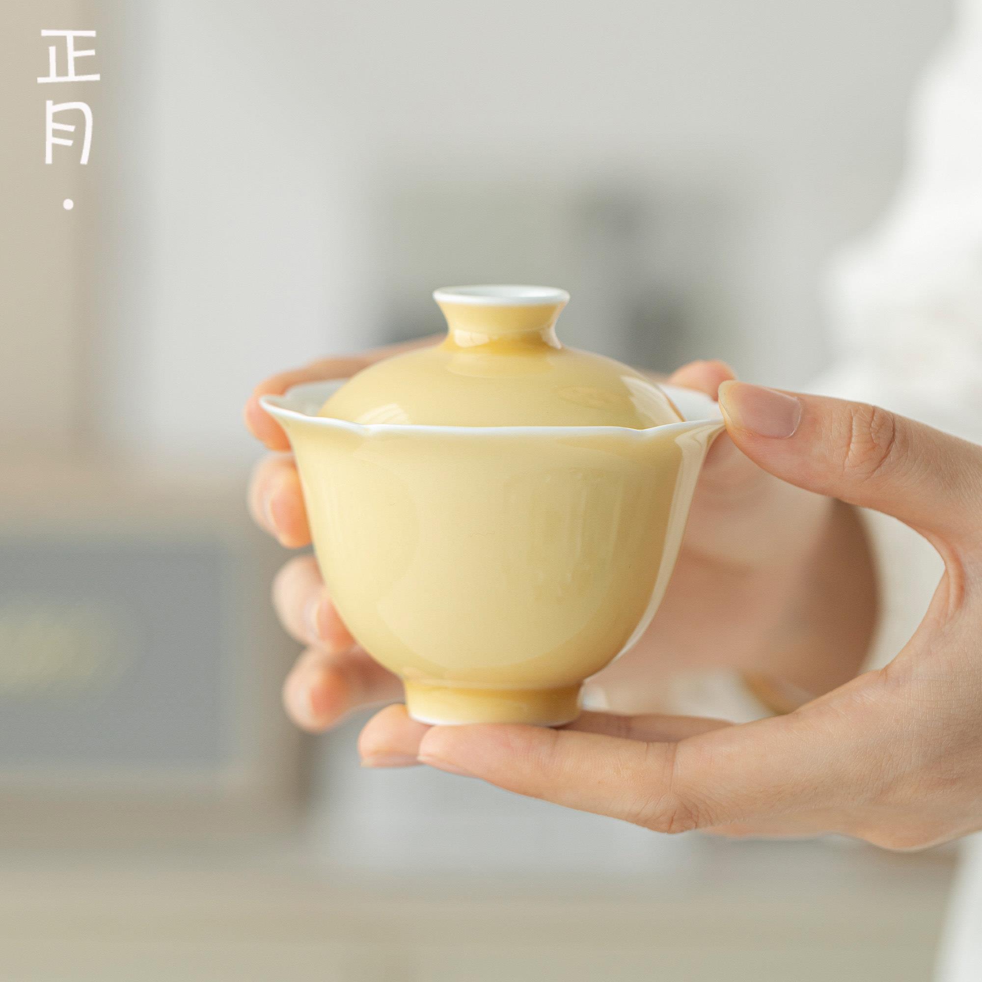 正月釉下彩原矿釉花边盖碗马卡龙糖果色清新陶瓷二才泡茶碗不烫手