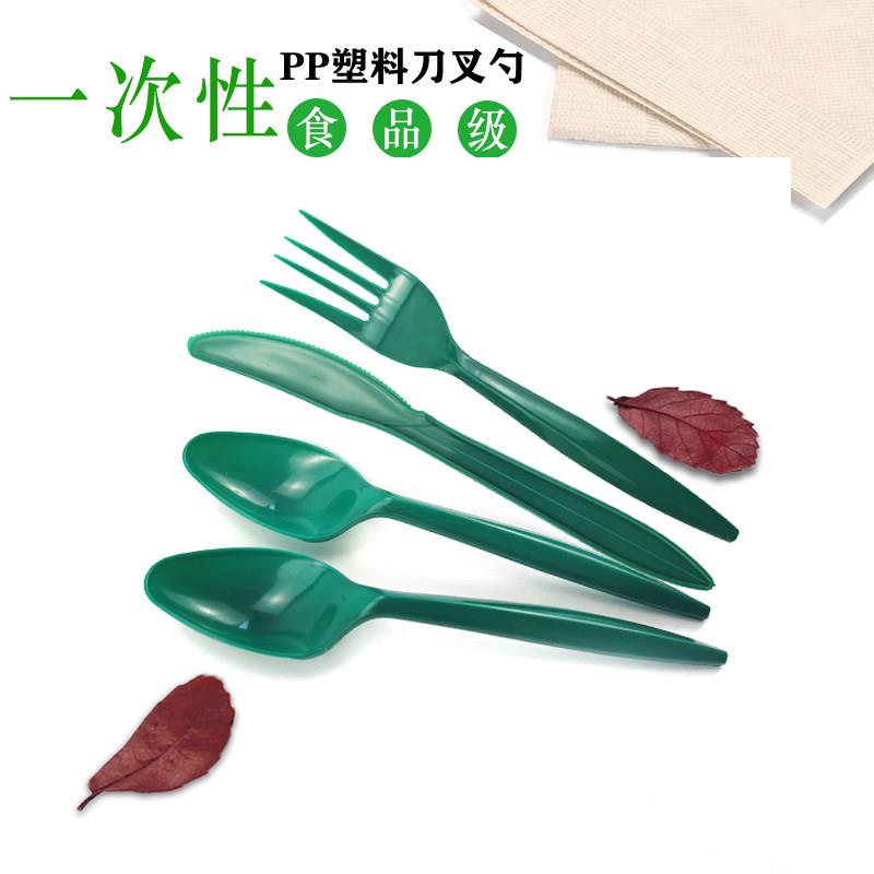 一次性勺子绿色叉子PP塑料刀5寸蛋糕刀叉勺沙拉点心叉外卖西餐叉