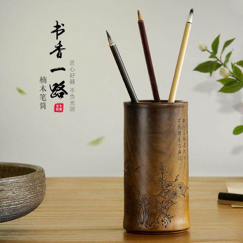 红木笔筒实木摆件 高档桌面木雕刻工艺品 黑檀木毛笔笔筒定制刻字
