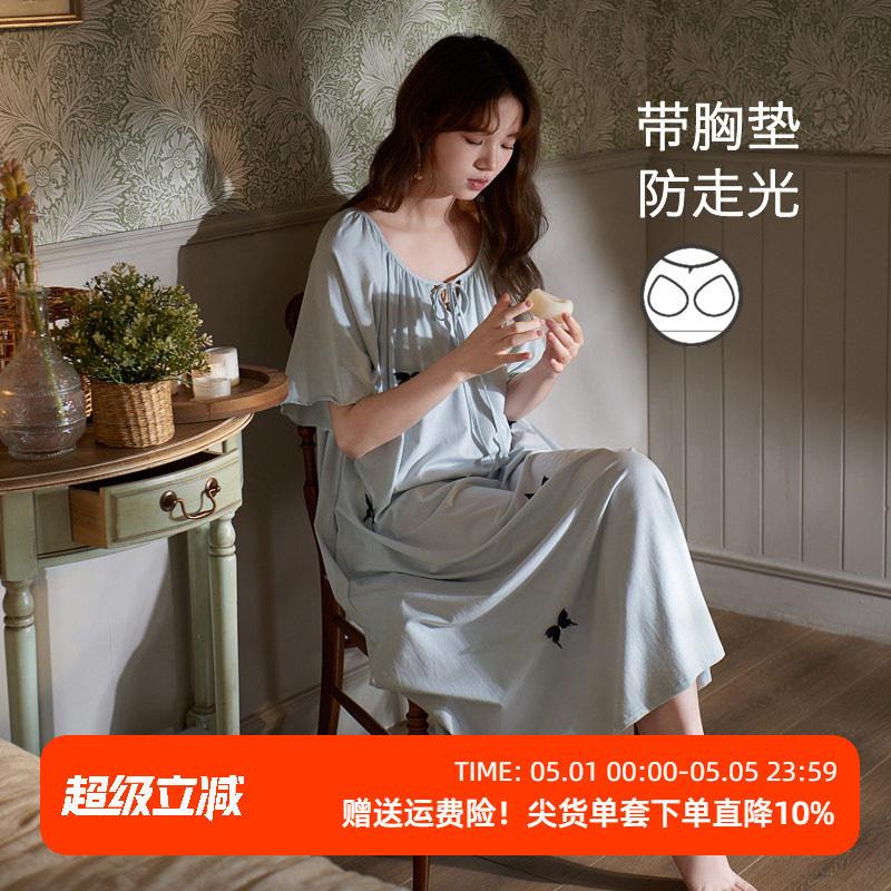 思莉太太冰凉感天丝棉睡裙女款夏季短袖带胸垫宽松孕妇睡衣洋装
