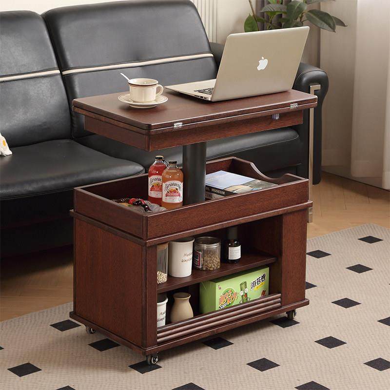 全黑胡桃木移动茶几可升降折叠小户型全实木客厅家用沙发边柜边几