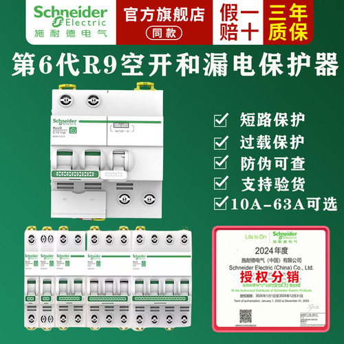 施耐德空气开关R9家用总开开关2P63A断路器4P3P40A1P带漏电保